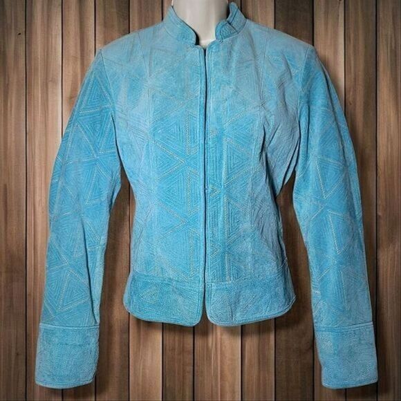 Pamela McCoy Leather Vintage Teal Suede Jacket RARE - Picture 1 of 11